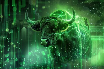 Charging green bull symbolizes a bull market in stocks, cryptocurrency, or other investments on an abstract technological background