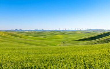 Fototapeta premium Wide-open field of rolling green hills with distant wind turbines harnessing renewable energy under clear skies
