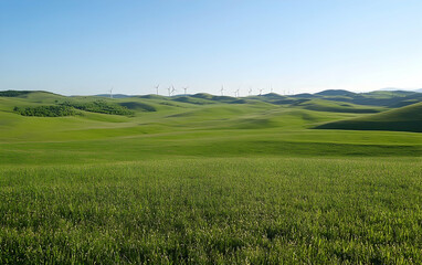 Fototapeta premium Wide-open field of rolling green hills with distant wind turbines harnessing renewable energy under clear skies