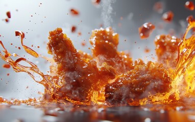 Spicy buffalo wings with hot sauce splashes, detailed crispy coating, dramatic lighting, white backdrop