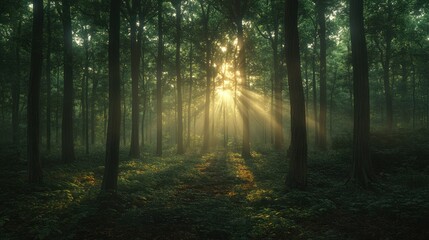 Fototapeta premium Sun rays through forest.
