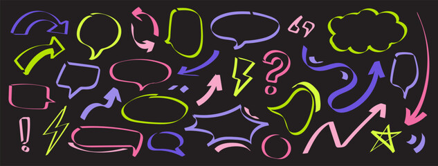 Set of colorful speech bubbles and arrow, Funny doodle style, Bright hand drawn balloon and arrows, playful, symbols, star, bolt, mark. Vector illustration