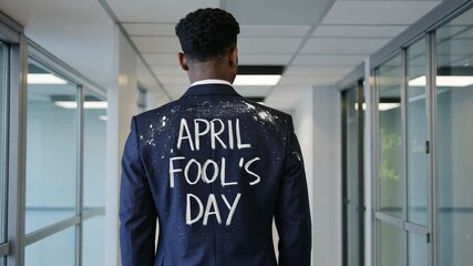 An office worker with the inscription "April Fool's Day" in chalk on the back of his jacket walks down the hallway. The concept of April Fool's jokes and fun in the workplace.