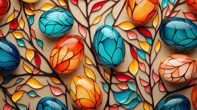 From the colorful drops a festive composition of unusual Easter eggs made of colored glass in emerald, red and yellow tones is born. The concept of a happy Easter.