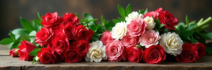 Loose bunches of red and white carnations tied with twine on a rustic wooden base, garden, natural, floral