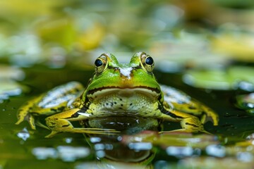 Obraz premium Green frog resting in a pond with lily pads in the background