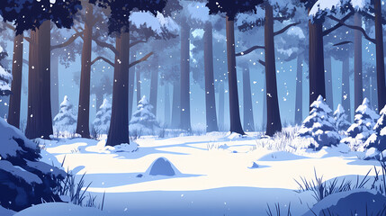 A winter forest scene, filled with tall, slender pine trees covered in a thick layer of snow. Winter Woods. Illustration