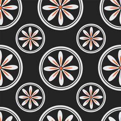 seamless repeat pattern with simple grey circle floral motifs on a black background perfect for fabric, scrap booking, wallpaper, gift wrap projects