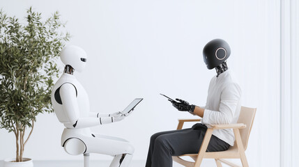 Naklejka premium HR Professional with AI Assistant Conducting Job Interviews