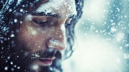 Close-Up of Man Covered in Snowflakes