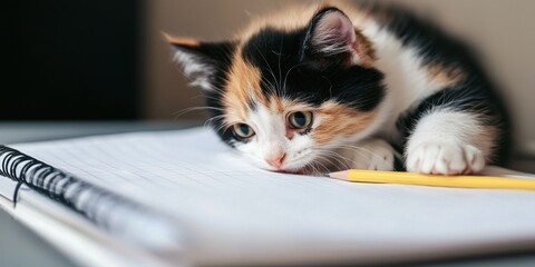 An adorable and charming Calico kitten is playing on a desk that has a notepad and a pencil