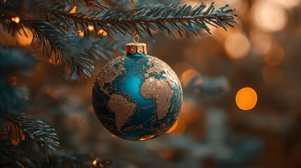 A festive ornament shaped like a globe on a Christmas tree. Ideal for themes of global unity, holiday celebrations, and festive greetings.