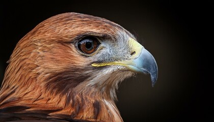 close up profile of a bird of prey with rufous plumage intense gaze and sharp beak against a dark background
