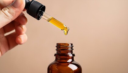 close up of a hand holding a dropper with golden liquid above a brown glass bottle on a neutral background