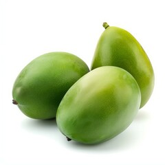 Three green mangoes are sitting on a white background