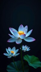 Fototapeta premium Lotus flowers in shades of blue and green on a black background, colorful, flower