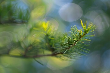 New pine needles growing on a branch in springtime, with a blurred bokeh background