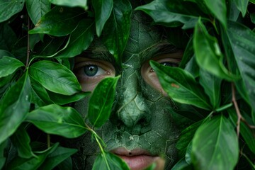 Soldier with green camouflage paint on his face hiding in the jungle vegetation