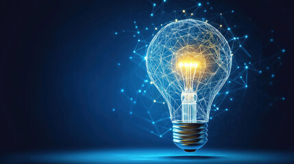 Futuristic light bulb illustration. Abstract glowing light bulb with digital connections. Concept of innovation. Modern graphic design. Geometric pattern. AI generated imagery. Blue background.