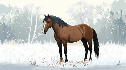 Bay horse in a frosty white winter landscape background, giving a serene and cold vibe. Frosty Bay. Illustration