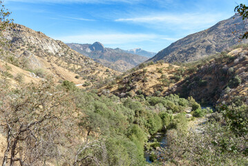 Wooded slopes in Californian Sierra Nevada under blue sky on a sunny autumn day