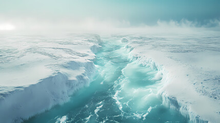 Chukchi sea in june, dynamic composition of cracking sea ice, turquoise waters surging through, frosty morning air. Frosty Bay. Illustration
