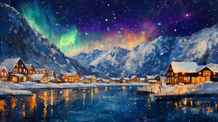 Fototapeta premium Coastal town with northern lights and snowy mountains at night. Frosty Bay. Illustration