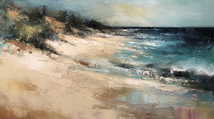 impressionism oil painting with thick impasto brush strokes of waves on a sandy beautiful beach with puffy clouds. using muted browns, blues, and white. 
