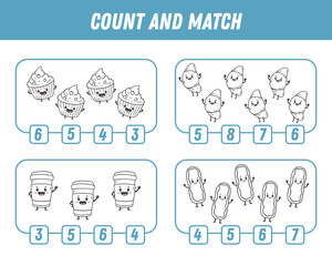 Education game for children count and match of cute Cartoon character. Activity page with fast food characters. Cartoon eclair, cup of coffee, croissant, cake. Vector
