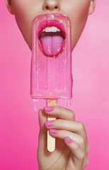 Close-up of a woman licking a glossy pink popsicle against a matching pink background. The vibrant...