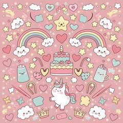 seamless pattern with cats and birds Cute cartoon characters with rainbow, cloud, cupcake, donut, candy, heart and rainbow