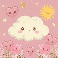 Fototapeta premium background with flowers and birds Cute cats on the rainbow with hearts. Vector cartoon illustration.