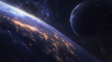 Fototapeta premium Stunning Nighttime Perspective of Earth from Space, with Glowing City Lights Illuminating the Landmasses, and Stars Scattered in the Distance