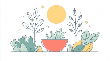 Botanical Gardening Branches and Leaves Nature in Pot Isolated Line Art