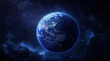 Obraz premium Stunning Nighttime Perspective of Earth from Space, with Glowing City Lights Illuminating the Landmasses, and Stars Scattered in the Distance
