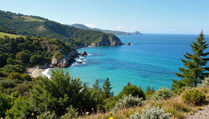Fototapeta premium Coastal landscape view from the hill showcasing stunning ocean scenery