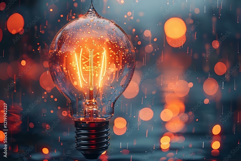Poster glowing vintage light bulb with warm filament against rainy window background with bokeh lights crea