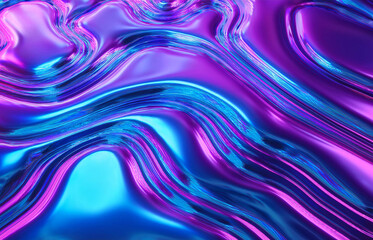 Naklejka premium 3d render Metallic liquid background. Abstract neon texture. Rainbow 3d holographic foil. Wavy glossy surface in blue and purple colors Background