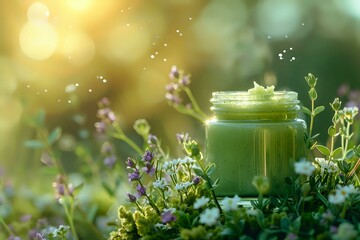 Fresh green smoothie in glass jar surrounded by wild flowers and herbs in morning sunlight, perfect for healthy lifestyle and detox drink promotion.