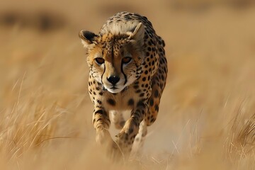 Naklejka premium Majestic cheetah stalking through tall golden savanna grass during sunset, showcasing natural hunting behavior and intense focus perfect for wildlife and nature publications.