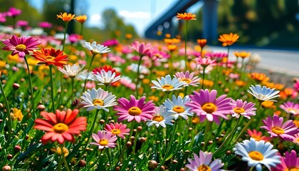 Fototapeta premium Vibrant flower blooming event highway side nature photography scenic environment close-up viewpoint spring concept