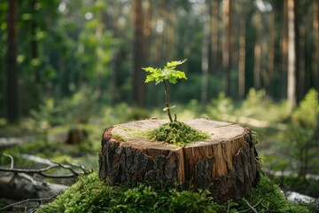 Obraz premium New life is growing from dead wood covered by moss in a beautiful forest