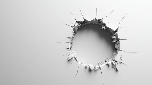 Round hole with cracks in the white wall. Minimalistic background with copy space.