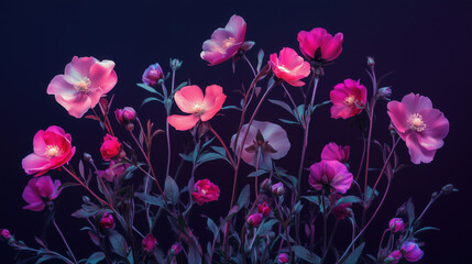 Stunning Photorealistic Capture of a Burst of Winter Flowers, with Vibrant Pink Blooms in a Monochromatic Scheme, Dramatically Displayed Against a Deep Purple Backdrop