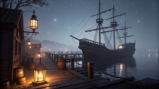 A timeless carrack resting under the cosmic glow of the night