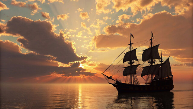 Carrack ship silhouetted against a golden sunset over calm waters
