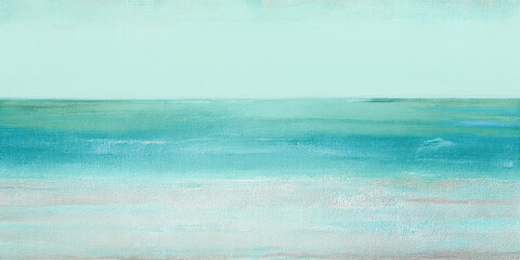 an impressionism abstract oil painting with thick impasto brush strokes background of blue green gentle waves on a sandy beach 
