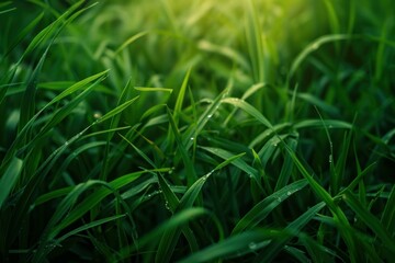 Obraz premium Vibrant green grass blades are covered with sparkling dew drops in morning sunlight, creating a refreshing natural scene