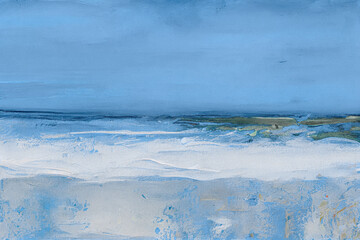 an impressionism abstract oil painting with thick impasto brush strokes background of blue green gentle waves on a sandy beach 