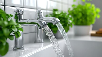 Kitchen faucets running water, herbs, clean